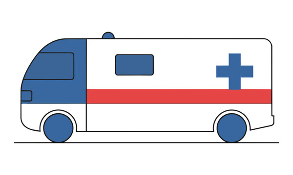 Minimalist side profile view of a streamlined ambulance vehicle with simple geometric shapes and flat color blocks isolated on a white background emergency concept