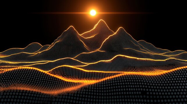 Digital glowing mountains against black backdrop