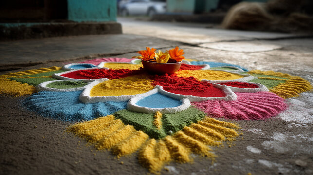  A vibrant traditional Indian rangoli floor art design, perfect for Diwali and cultural celebration content.


