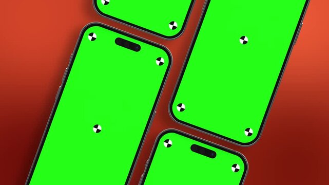 3d rendered iphone 14 pro with green screen tracking marks and rotations on colorful background