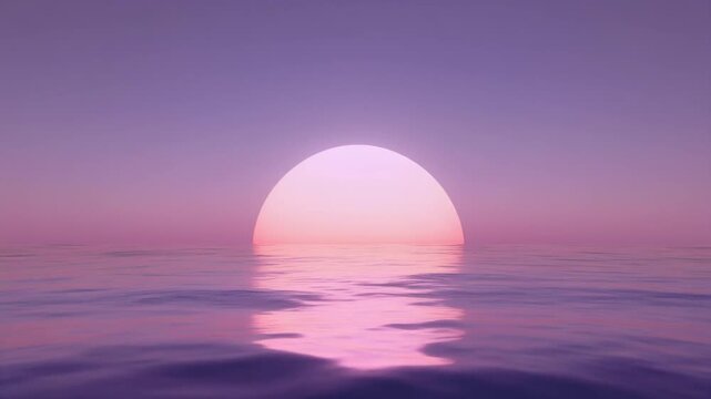 A large glowing sun sets over a calm ocean surface under a soft purple gradient sky.