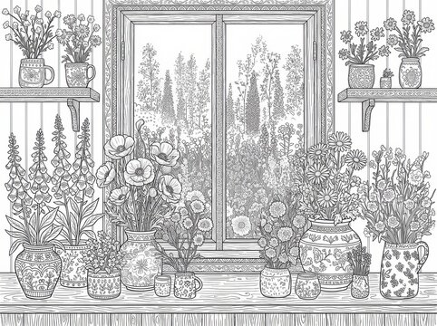 da colorare per adulti con dettagliati scorci di negozi vintage e serre botaniche