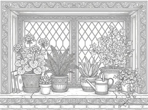 da colorare per adulti con dettagliati scorci di negozi vintage e serre botaniche