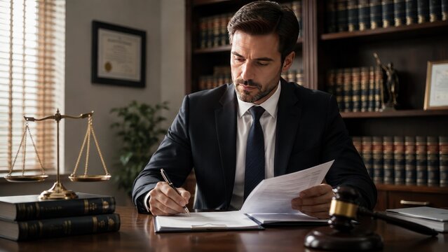 Male lawyer reviewing legal documents at desk in law office, professional legal service concept for business