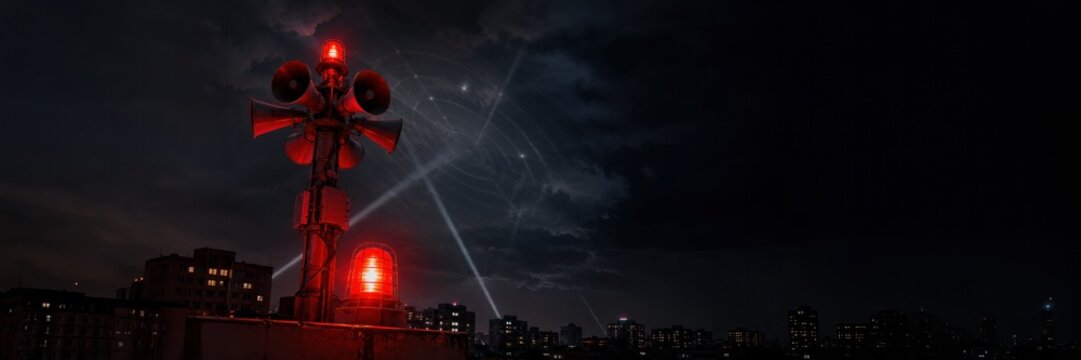 Red air raid siren over city at night, missile warning and civil defense concept with copy space for text