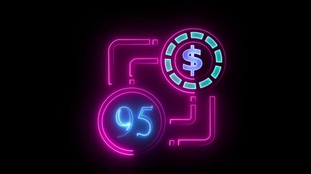 95 dollar sign text vibrant neon green on black background, financial wealth and currency concept. Neon check mark with payment successful. Confirmation, money transaction concept.