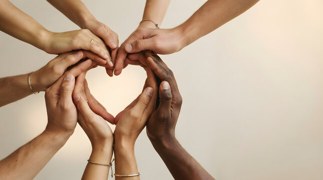 Diverse hands forming heart shape diversity unity community care