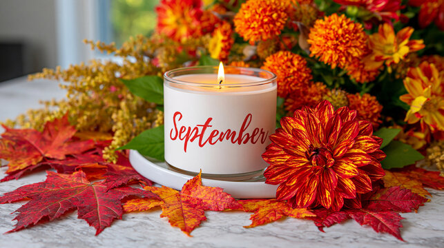 September seasonal greeting on a bright white background surrounded by colorful maple leaves, golden foliage and fresh orange and yellow flowers, vibrant autumn color palette, cheerful contrast, cle