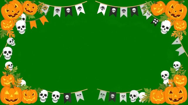 Halloween border frame animation with jack-o-lantern pumpkins and skulls on green screen background for video overlay and spooky holiday motion graphic design