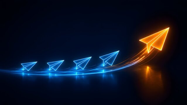 Glowing orange paper airplane leading blue ones in ascending flight trajectory representing business leadership and market competition strategy