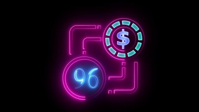 96 dollar sign text vibrant neon green on black background, financial wealth and currency concept. Neon check mark with payment successful. Confirmation, money transaction concept.