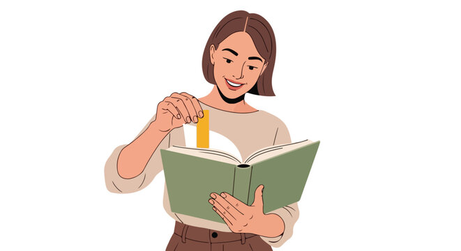 Young woman reading book, uses bookmark, simple background