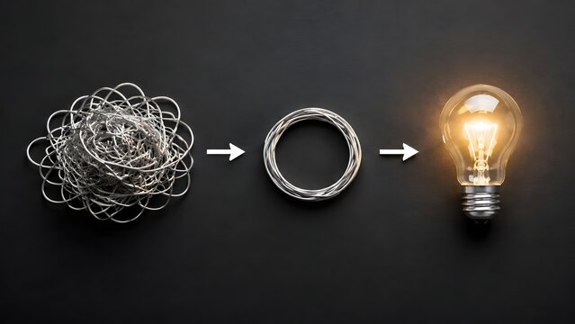Tangled wire transitioning to organized circle and glowing lightbulb representing business problem solving and creative solution process