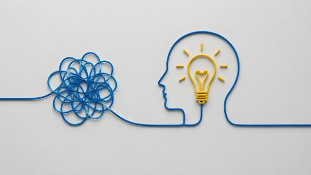 Untangled wire forming human head profile with yellow lightbulb representing mental clarity problem solving and creative thinking process