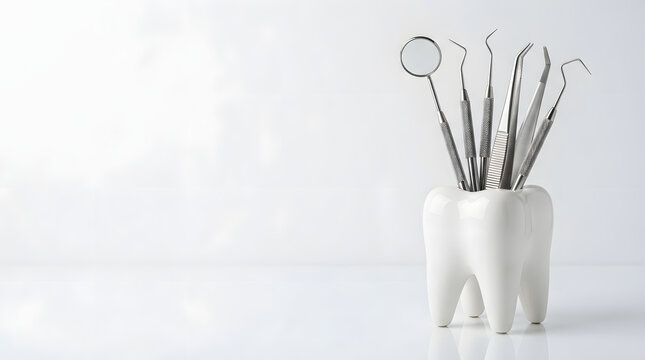 Dental tools in tooth shaped container with dentistry tools