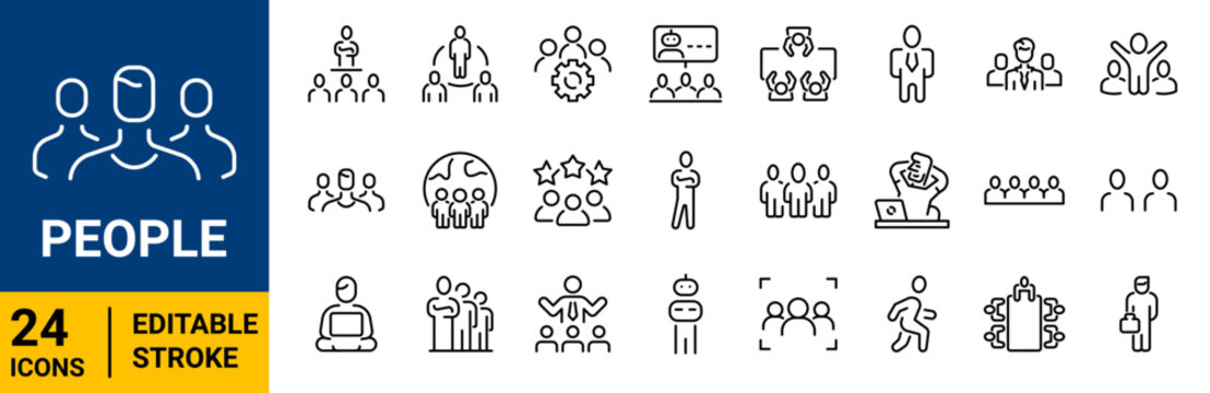 People line icons set in editable stroke style. Containing group, family, human, team, community, friends, collection. Editable stroke. Vector
