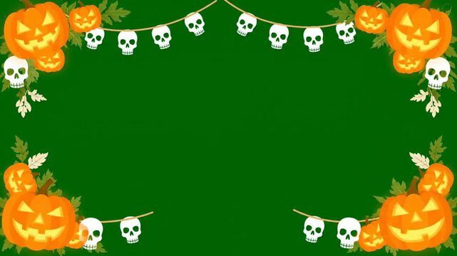 Halloween pumpkin and skull border frame animation with green screen background for video overlay and chroma key compositing projects for seasonal party events