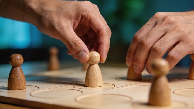 Generative AI depicting hands moving wooden game pieces on a puzzle board