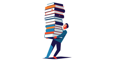 Obraz premium Person struggles carrying huge stack of books on white background