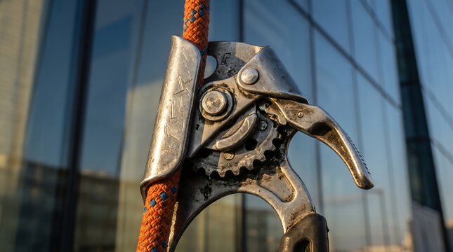 Industrial rope access ascender device clamped on a safety line near a modern glass building facade.