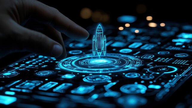Futuristic device displays rocket, hand touches it