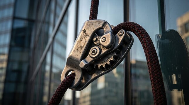 Industrial rope access fall arrester device attached to safety line outside high rise glass building.