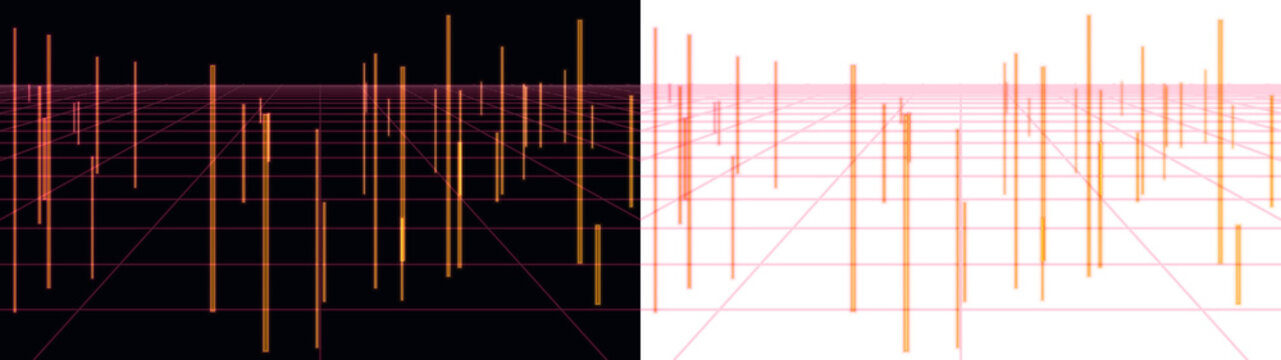 Futuristic digital data visualization grid, abstract orange light bars on dark and light backgrounds, high-tech information analysis concept isolated PNG with Transparent Background