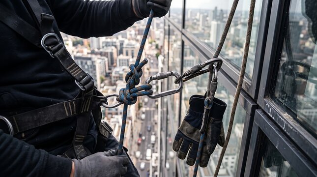 Industrial rope access technician working at height on skyscraper facade with safety gear.
