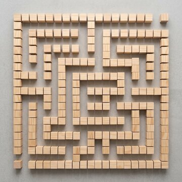 Wooden block maze puzzle on grey background for business strategy and problem solving concept