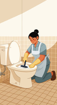 Woman cleaning toilet in tiled bathroom
