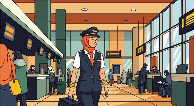 Pilot walking through busy airport terminal with passengers and check-in desks