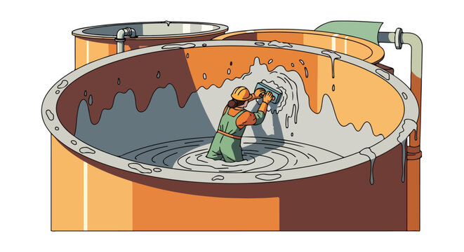 Worker plasters inside large industrial tank with pipes visible