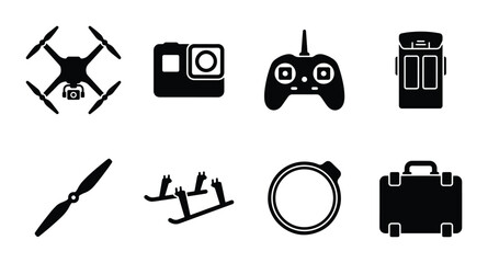 Fototapeta premium Drone Technology Icons: Quadcopter, Camera, Remote, Propeller, Landing Gear, Case
