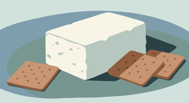 Cheese block and crackers on a textured blue background with soft shadows