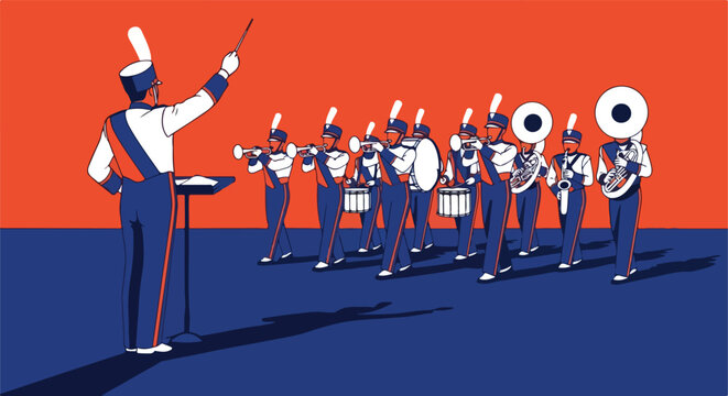 Conductor leads marching band playing instruments on a blue stage against orange