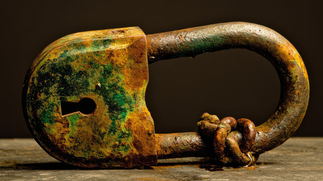 A badly corroded padlock with its clasp shut, the key plug clogged by rust