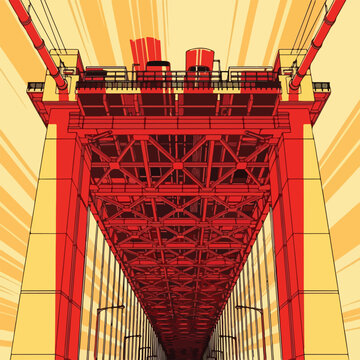 Underneath red bridge structure, sun rays in background