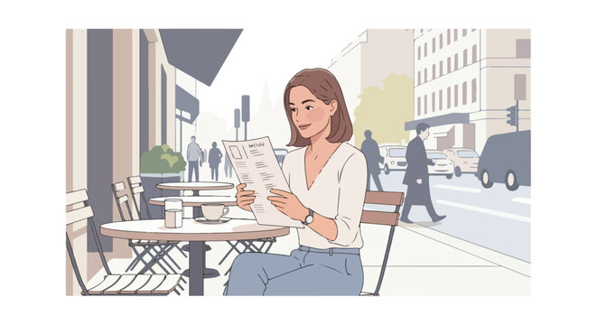 Woman reading menu at cafe table on city street with traffic