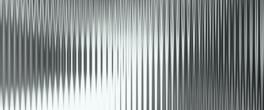 Silver acrylic ribbed texture with vertical fluted lines and glossy reflections. Abstract metallic surface with glass effect and smooth gradient