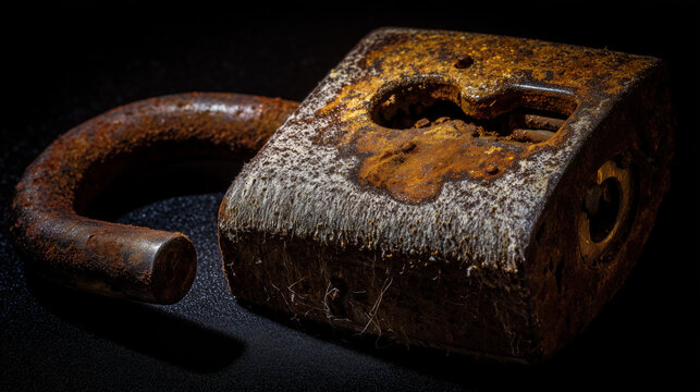 A badly corroded padlock with its clasp shut, the key plug clogged by rust