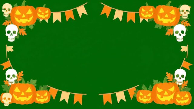Spooky Halloween festive border overlay with carved pumpkins skulls and orange party pennant flags on green screen background for video editing motion graphics