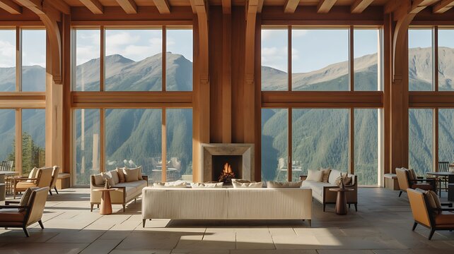 Luxurious mountain lodge interior with floor to ceiling windows overlooking the majestic peaks and stone fireplace