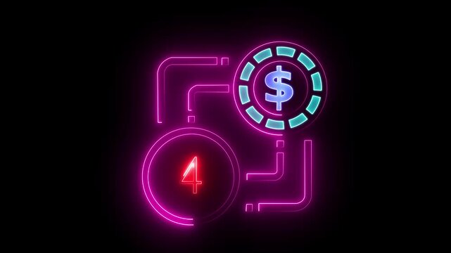 4 dollar sign text vibrant neon green on black background, financial wealth and currency concept. Neon check mark with payment successful. Confirmation, money transaction concept.