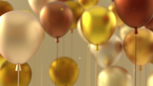 Floating gold copper and white balloons against a soft neutral background celebratory and elegant