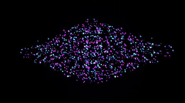 A seamless looping 3D voxel core rotating with horizontal symmetry. Features glowing neon pink, magenta, and cyan holographic particles in an isometric grid. Ideal for sci-fi HUDs, cyber tech promos, 