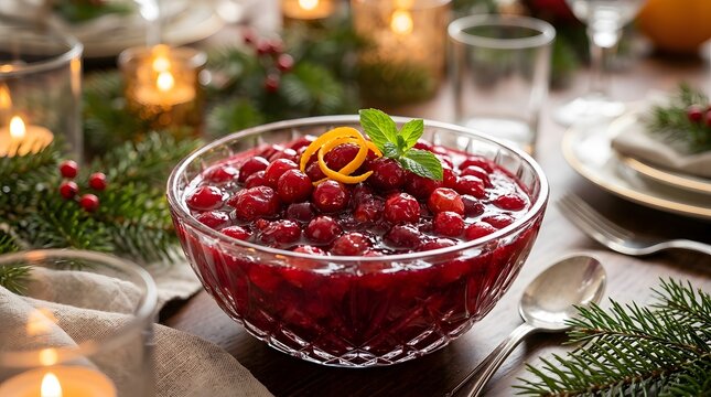 A bowl of homemade cranberry sauce sits on a holiday table surrounded by festive decorations.