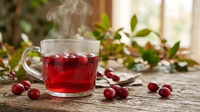 A clear glass mug filled with hot red berry tea, surrounded by fresh berries on a rustic wooden table.