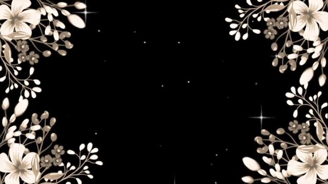 Elegant floral arrangement with delicate beige blossoms and leaves against a dark starry night background