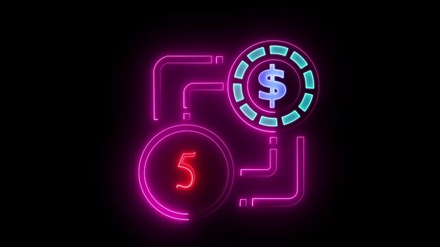 5 dollar sign text vibrant neon green on black background, financial wealth and currency concept. Neon check mark with payment successful. Confirmation, money transaction concept.