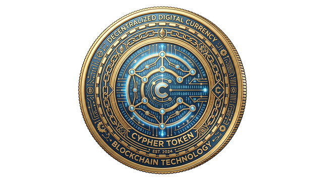 Cypher Token cryptocurrency coin, decentralized digital currency with blockchain technology, gold and blue metallic crypto asset isolated PNG with Transparent Background